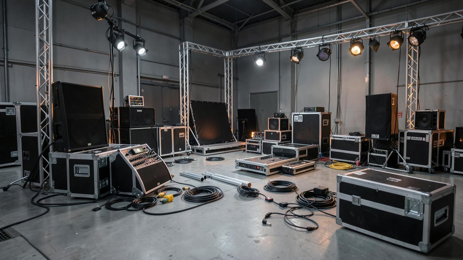 Equipamentos de áudio e iluminação profissional organizados para um evento
